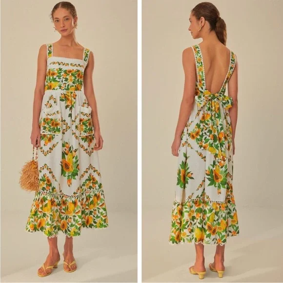 NWT Farm Rio Linen Papaya Salad Scarf Print Maxi Dress, Size XS - Picture 1 of 10